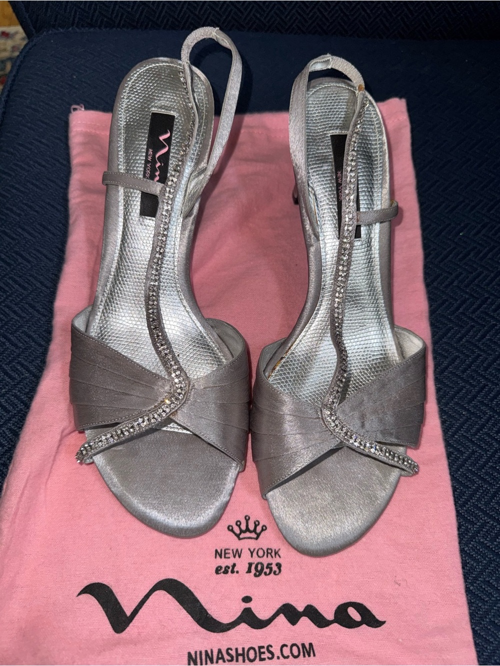 Nina Silver T-Strap Rhinestone Evening Heels